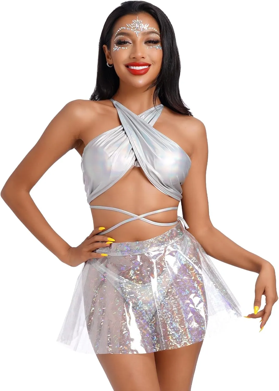 Women's Shiny Flare Pleated Mini Skirts High Waist See Through Plastic Skirt Rave Outfits Halloween Festival Clothes