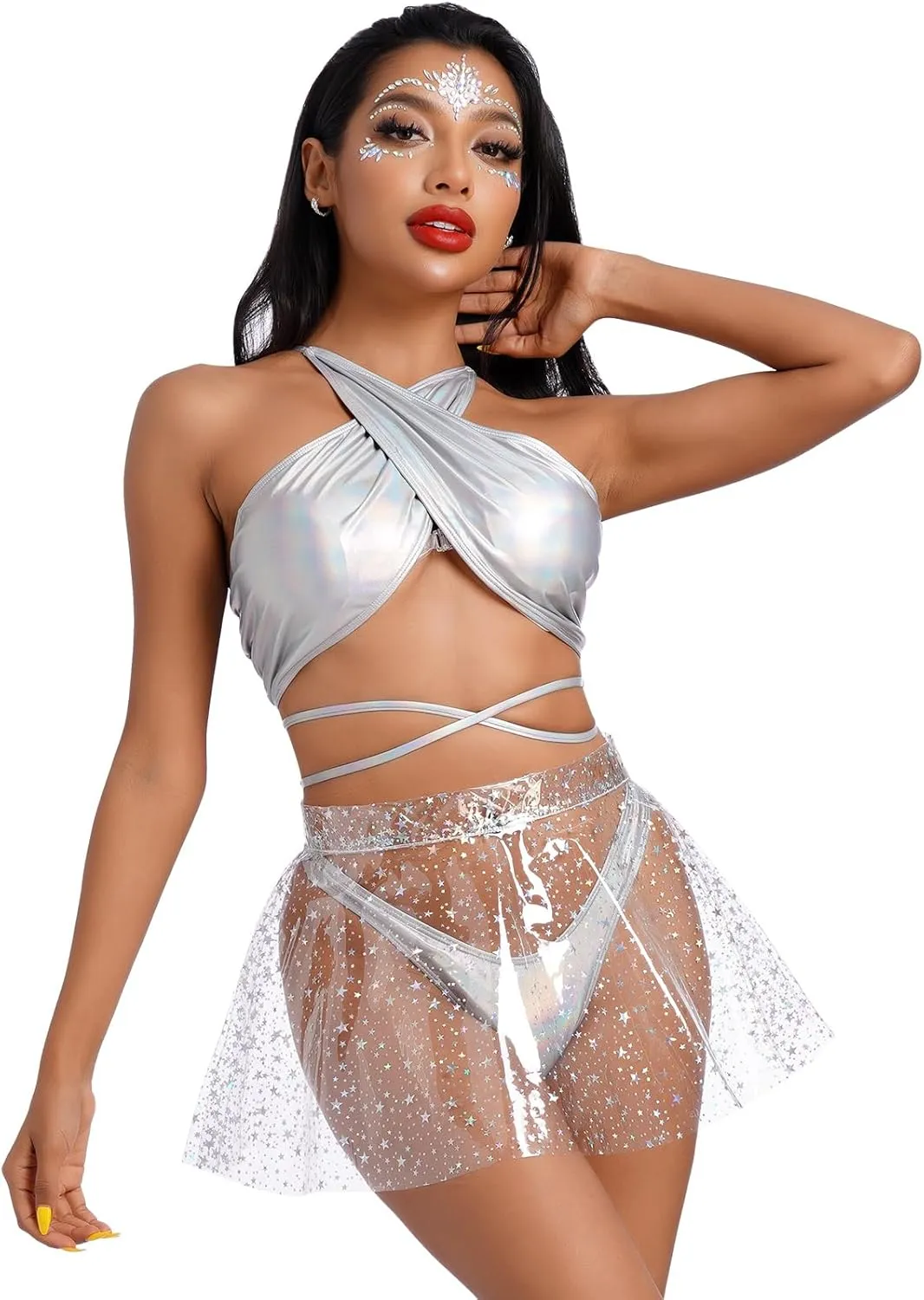 Women's Shiny Flare Pleated Mini Skirts High Waist See Through Plastic Skirt Rave Outfits Halloween Festival Clothes