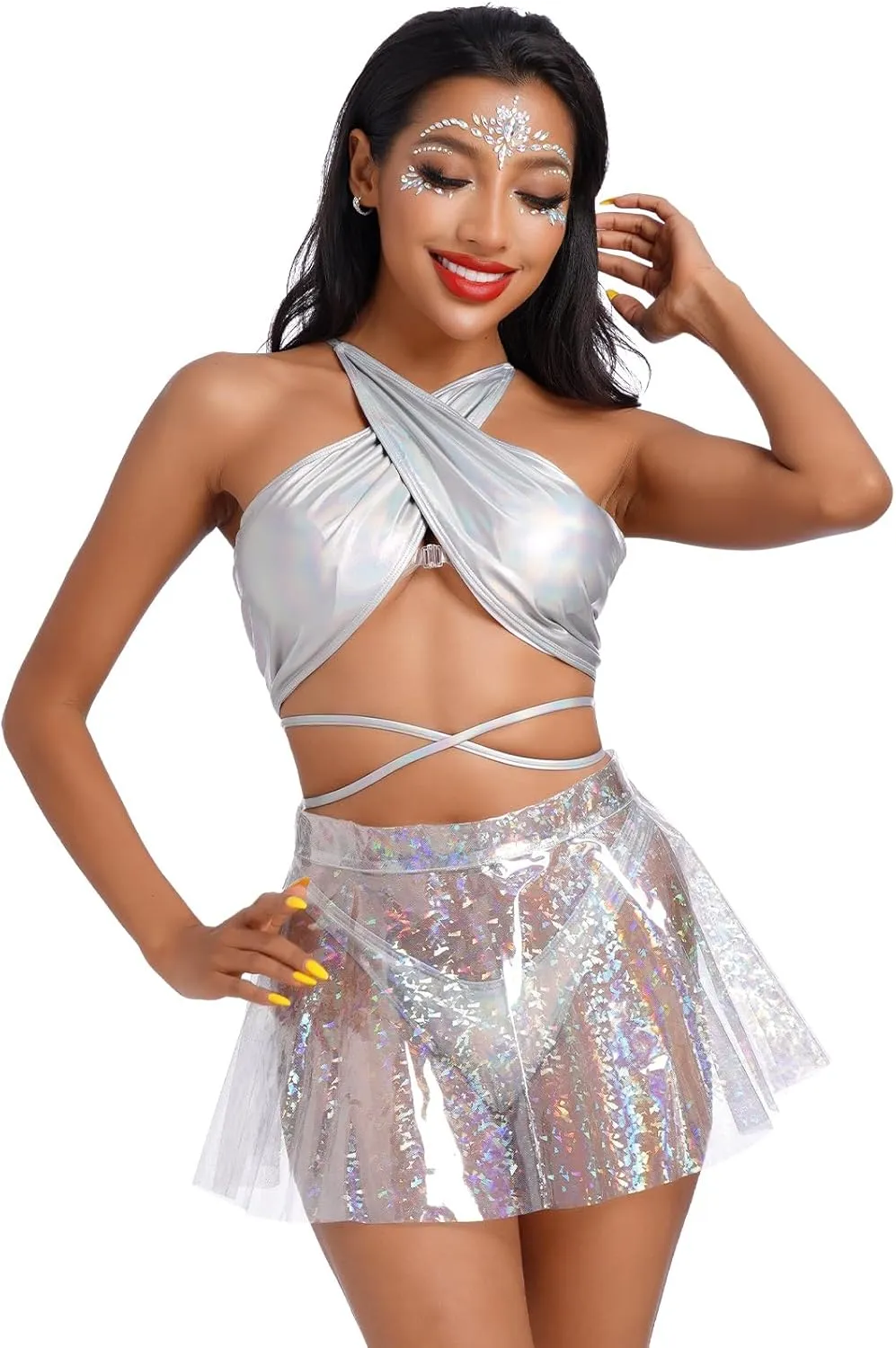 Women's Shiny Flare Pleated Mini Skirts High Waist See Through Plastic Skirt Rave Outfits Halloween Festival Clothes