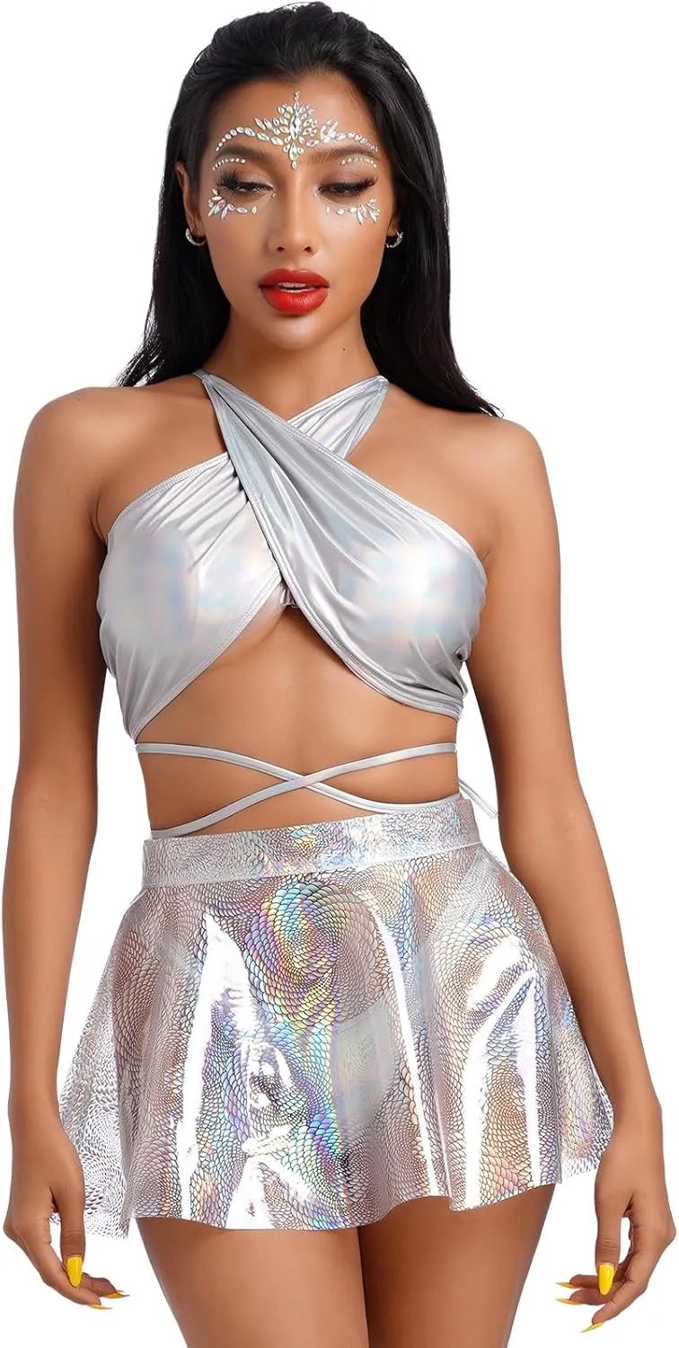 Women's Shiny Flare Pleated Mini Skirts High Waist See Through Plastic Skirt Rave Outfits Halloween Festival Clothes