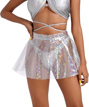 Women's Shiny Flare Pleated Mini Skirts High Waist See Through Plastic Skirt Rave Outfits Halloween Festival Clothes