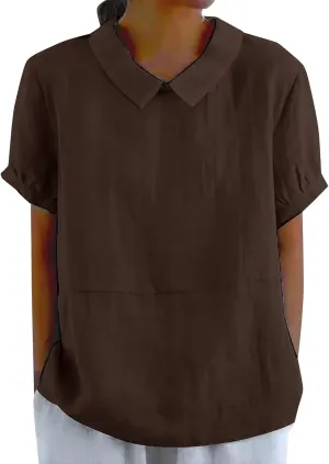 Womens Short Sleeve Cotton Linen Shirts Causal V-Neck Batwing Oversized T-Shirt Solid Color Loose Summer Tops