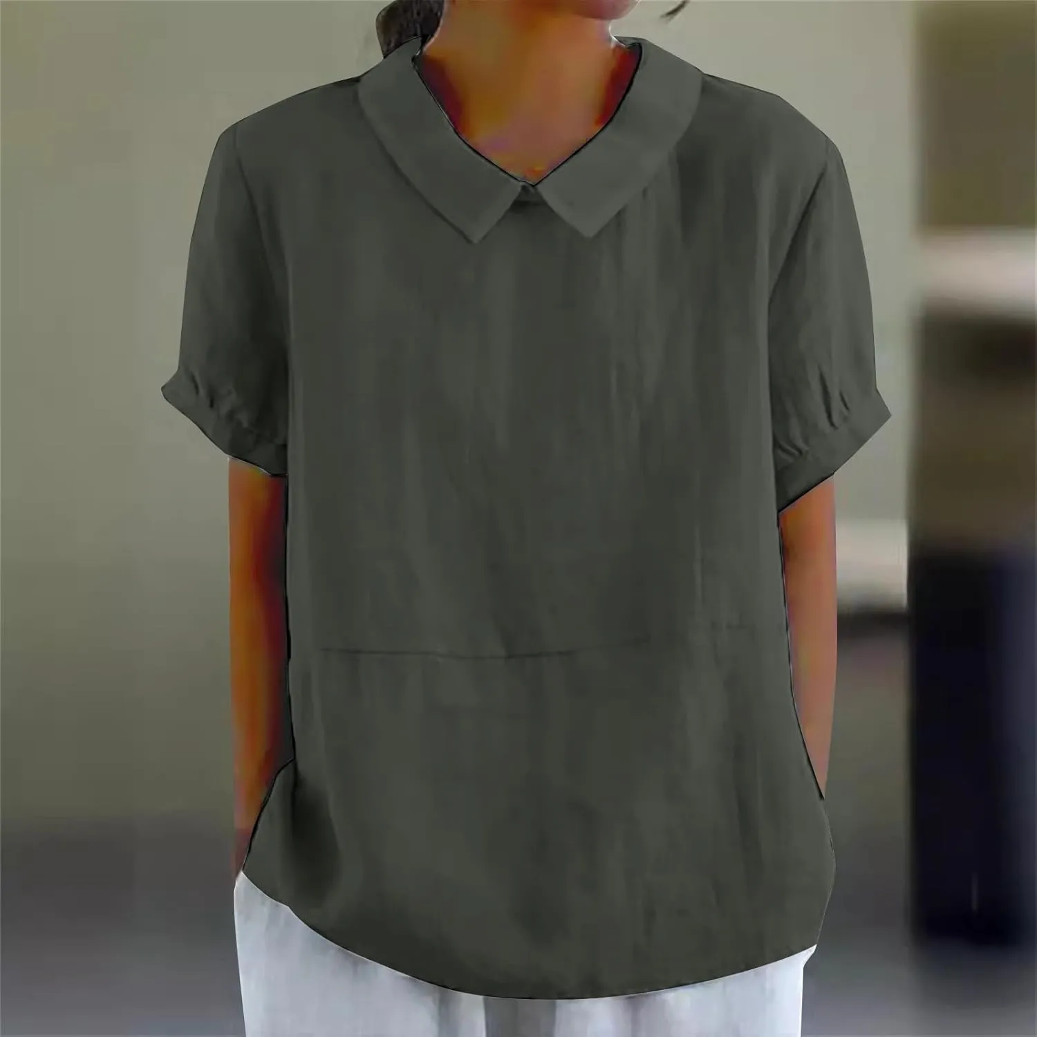 Womens Short Sleeve Cotton Linen Shirts Causal V-Neck Batwing Oversized T-Shirt Solid Color Loose Summer Tops