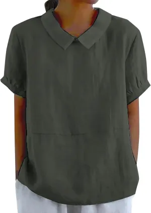 Womens Short Sleeve Cotton Linen Shirts Causal V-Neck Batwing Oversized T-Shirt Solid Color Loose Summer Tops