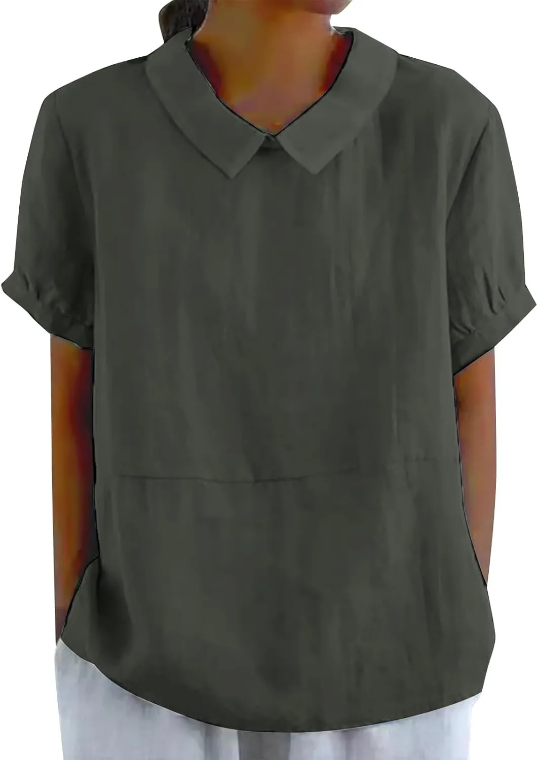 Womens Short Sleeve Cotton Linen Shirts Causal V-Neck Batwing Oversized T-Shirt Solid Color Loose Summer Tops