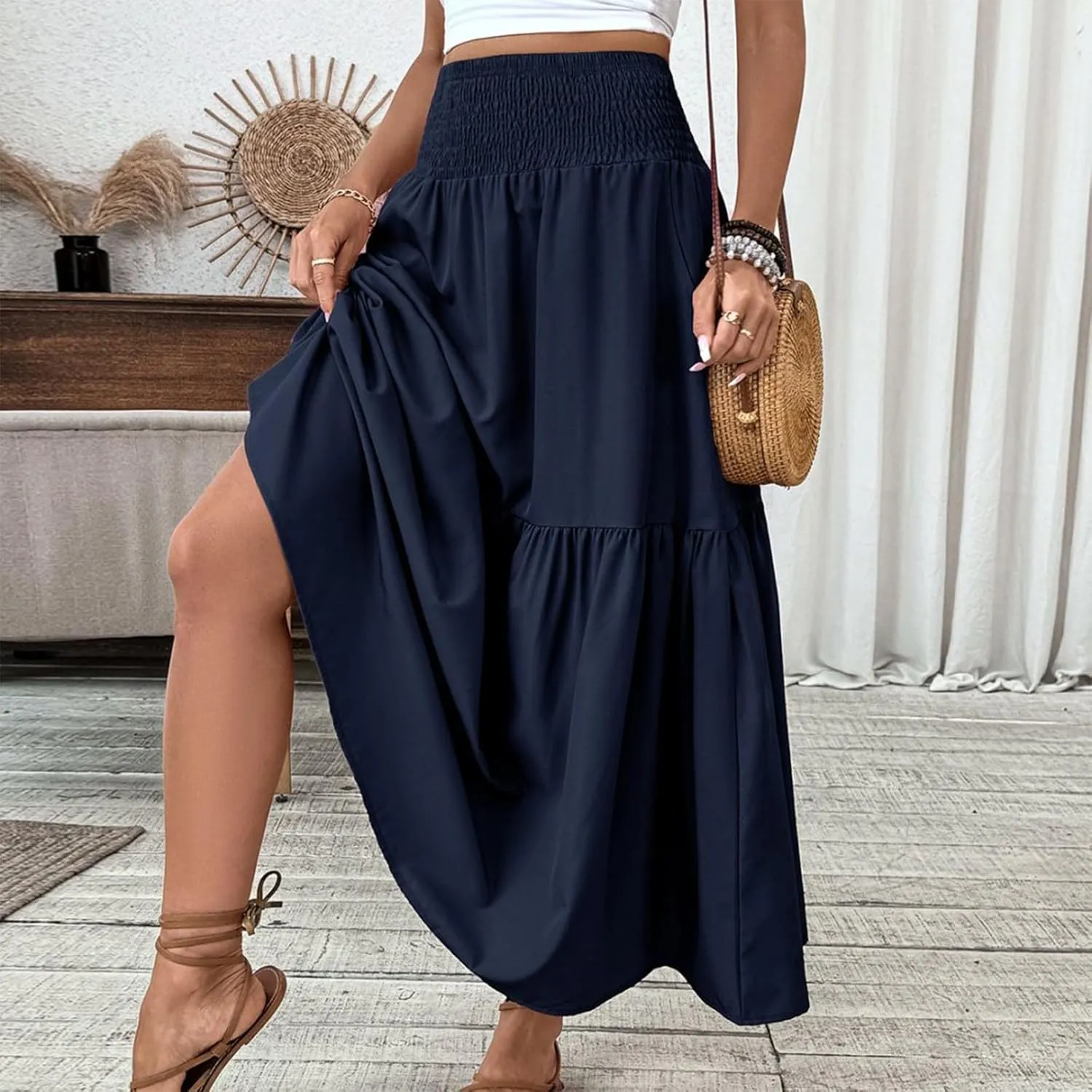 Women's Skirts Bohemian Long Skirts Flowy High Waist A Line Maxi Skirts Summer Pleated, S-XL