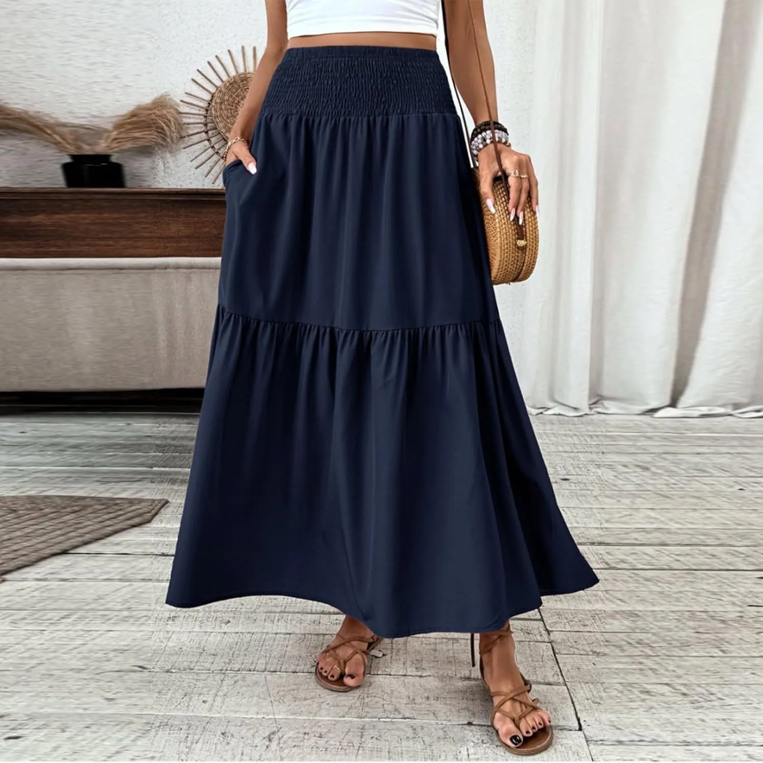Women's Skirts Bohemian Long Skirts Flowy High Waist A Line Maxi Skirts Summer Pleated, S-XL