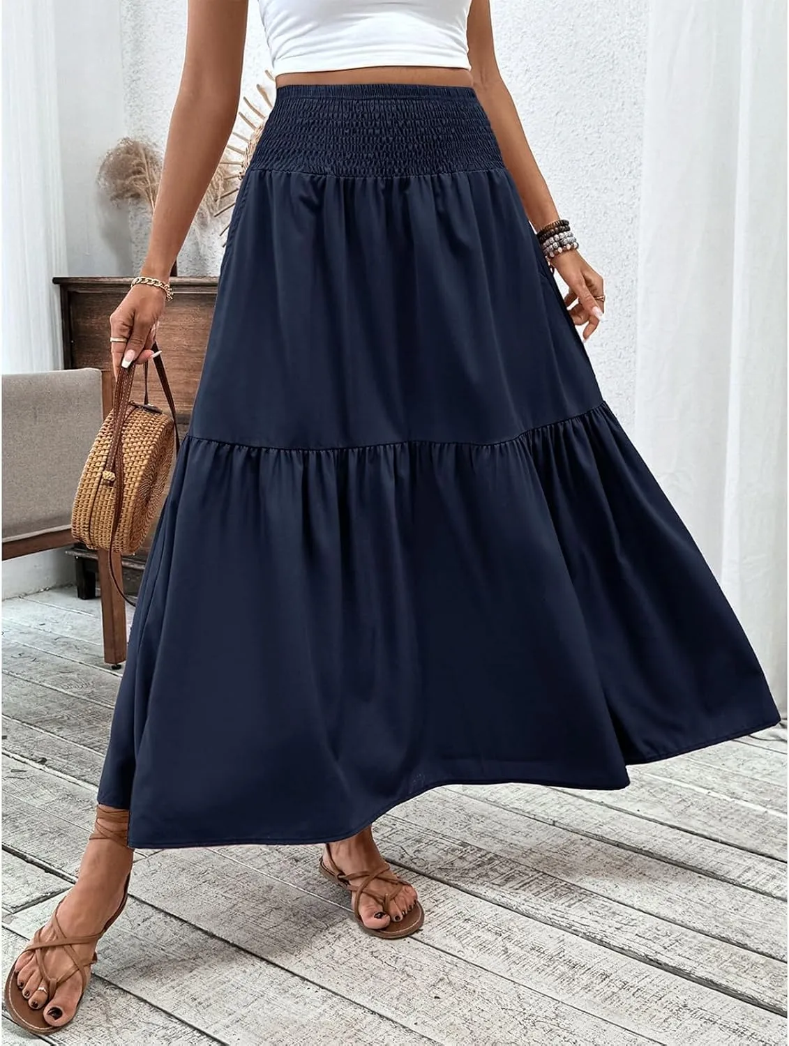 Women's Skirts Bohemian Long Skirts Flowy High Waist A Line Maxi Skirts Summer Pleated, S-XL