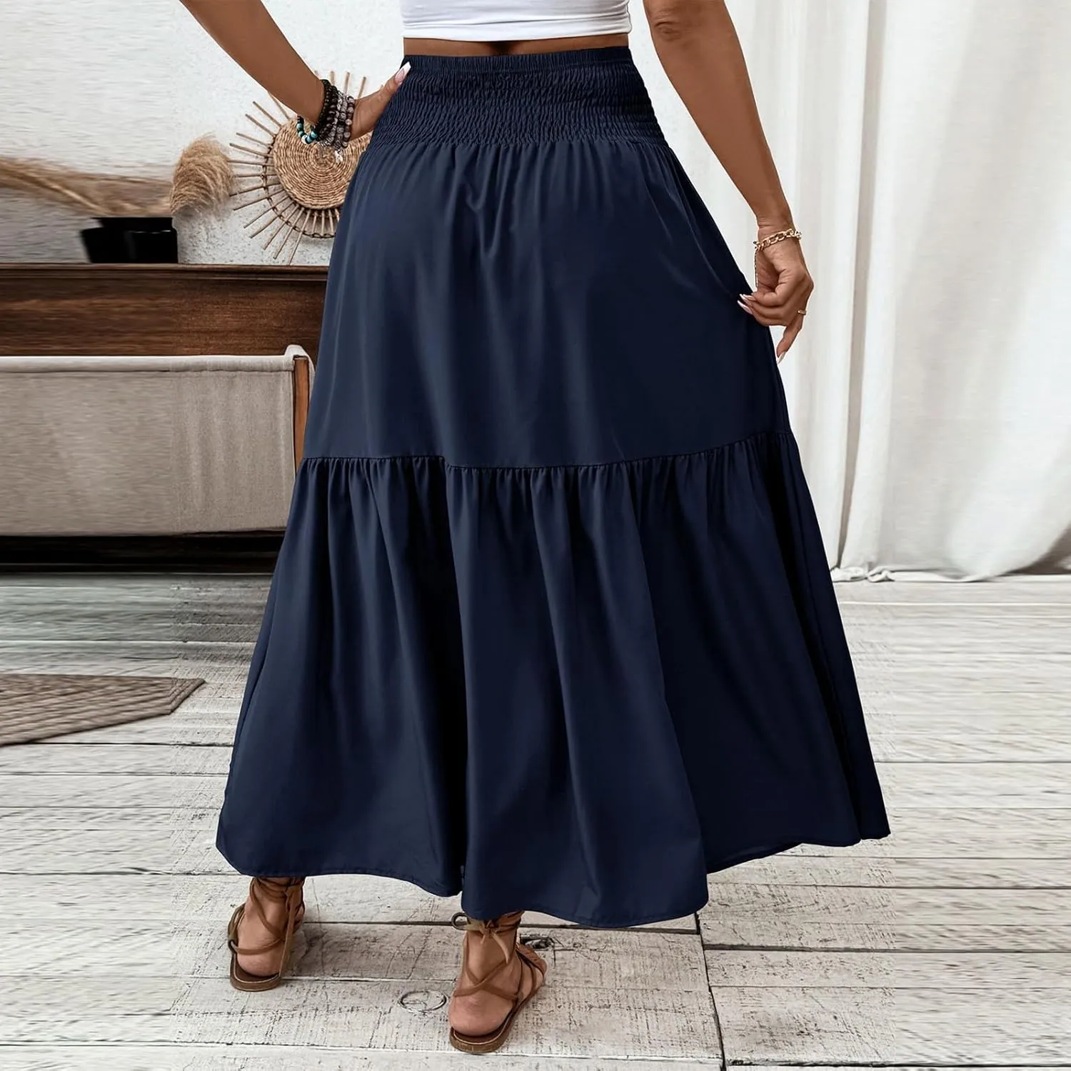 Women's Skirts Bohemian Long Skirts Flowy High Waist A Line Maxi Skirts Summer Pleated, S-XL