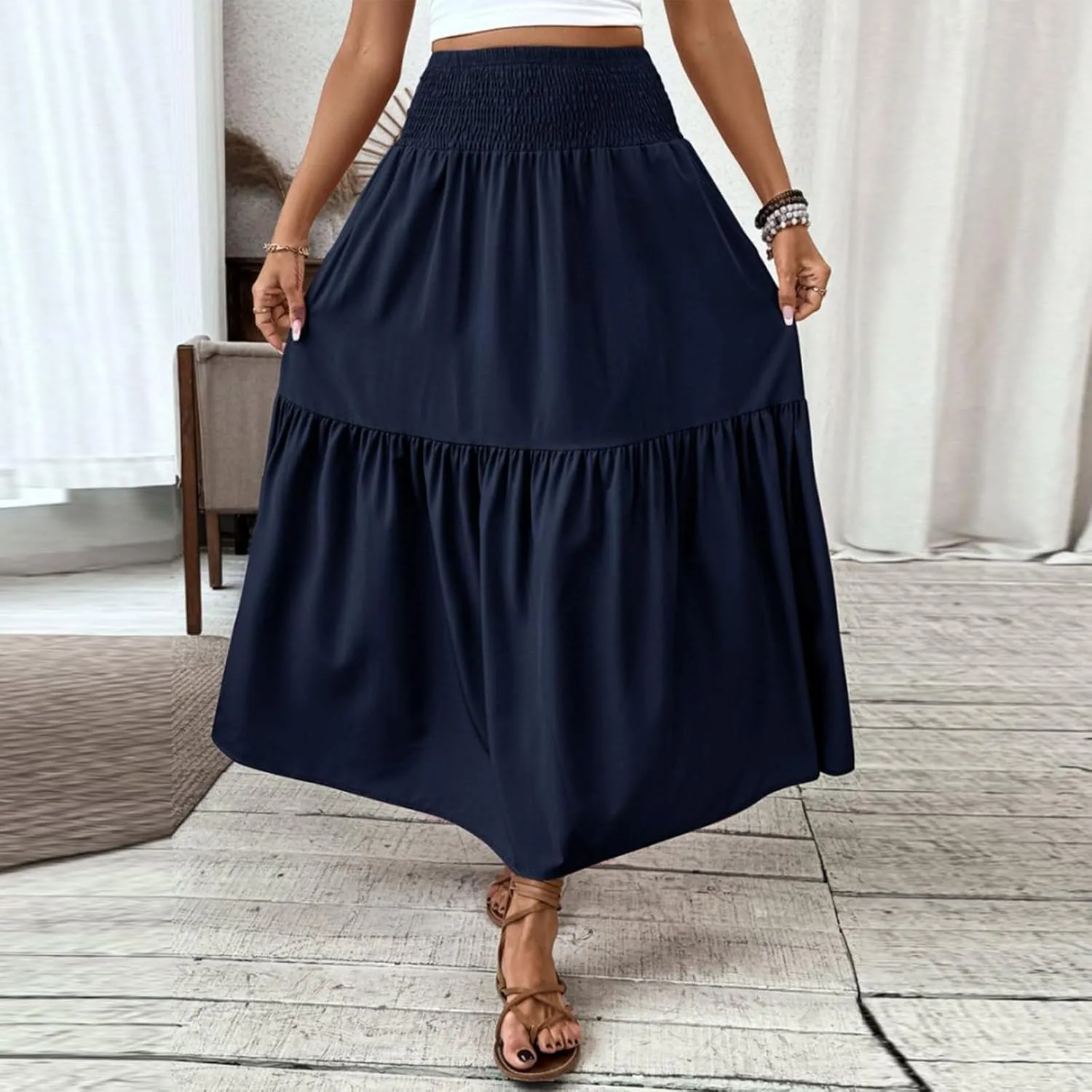 Women's Skirts Bohemian Long Skirts Flowy High Waist A Line Maxi Skirts Summer Pleated, S-XL