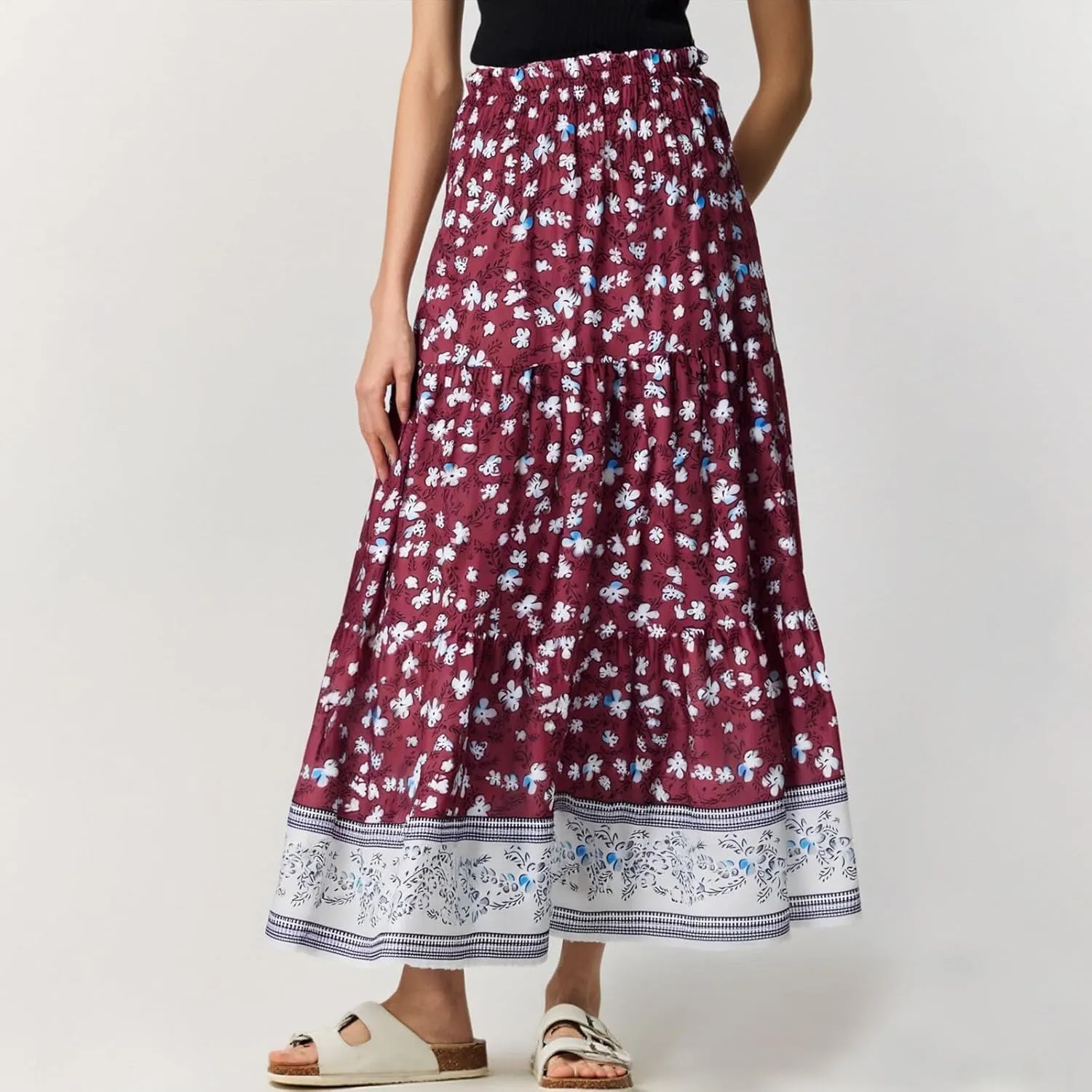 Women's Skirts Trendy Summer Midi Skirts High Waisted Pleated A-Line Swing Skirts Floral Long Skirt, S-2XL