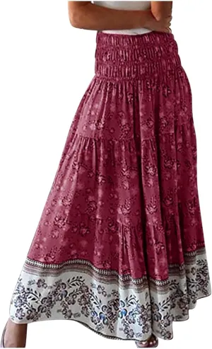 Women's Skirts Trendy Summer Midi Skirts High Waisted Pleated A-Line Swing Skirts Floral Long Skirt, S-2XL