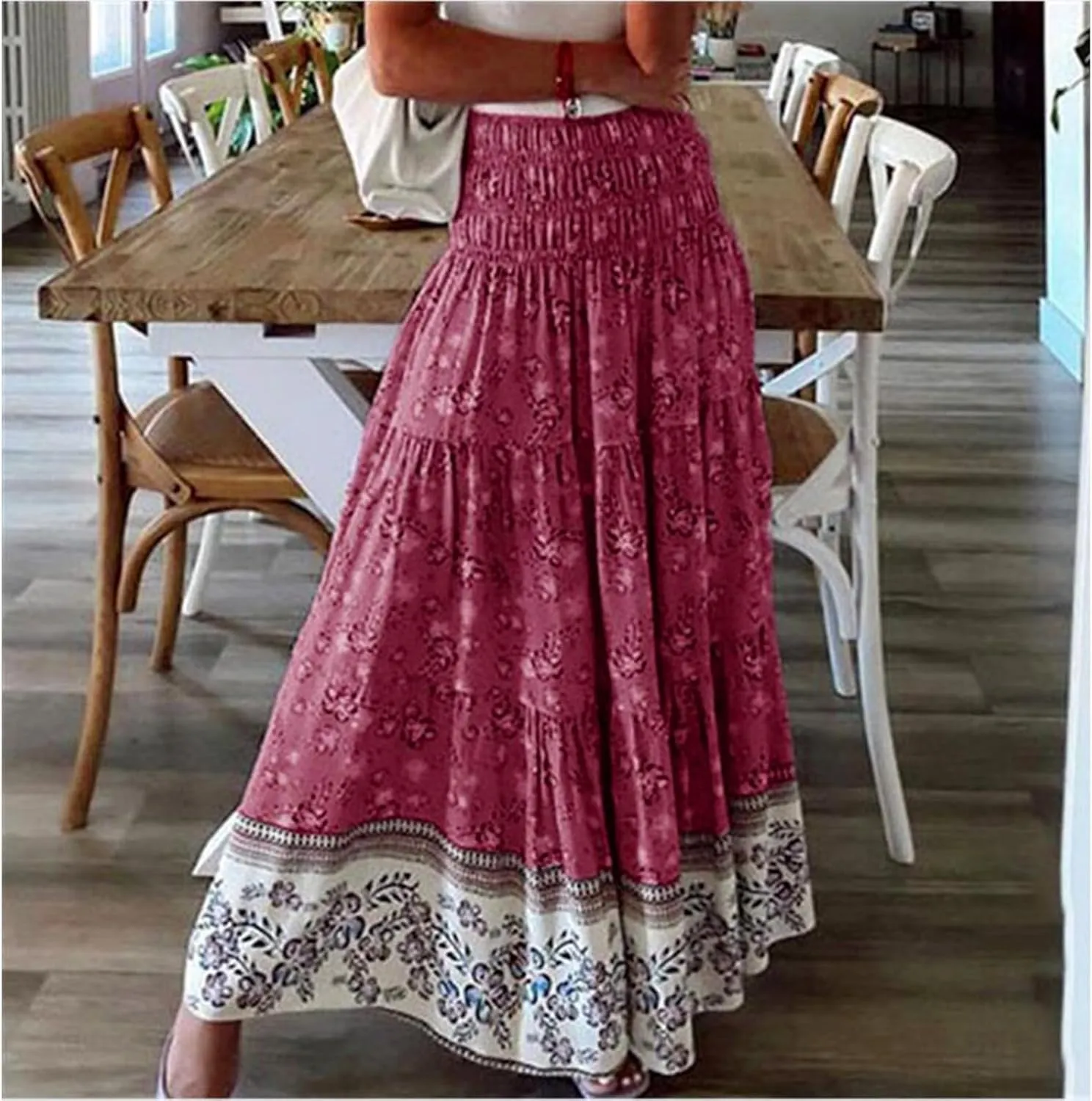 Women's Skirts Trendy Summer Midi Skirts High Waisted Pleated A-Line Swing Skirts Floral Long Skirt, S-2XL