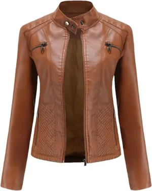 Women's Spring Autumn Leather Jacket With Zipper Long Sleeves Moto Biker Jacket Red Black Coat Ladies Outerwear