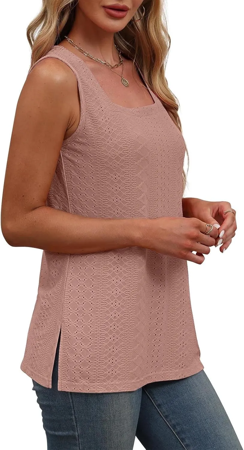 Women's Summer Eyelet Tank Tops 2025 Trendy Sleeveless Hollow Out Shirt Casual Basic Side Slit Beach Vacation Blouse