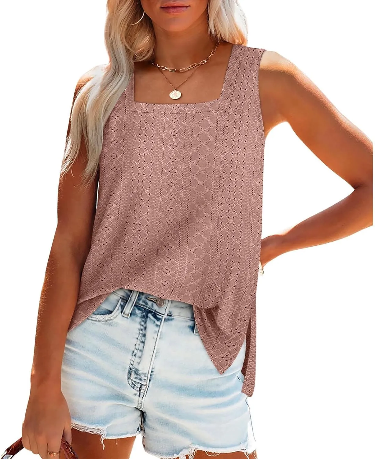 Women's Summer Eyelet Tank Tops 2025 Trendy Sleeveless Hollow Out Shirt Casual Basic Side Slit Beach Vacation Blouse