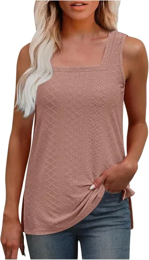Women's Summer Eyelet Tank Tops 2025 Trendy Sleeveless Hollow Out Shirt Casual Basic Side Slit Beach Vacation Blouse