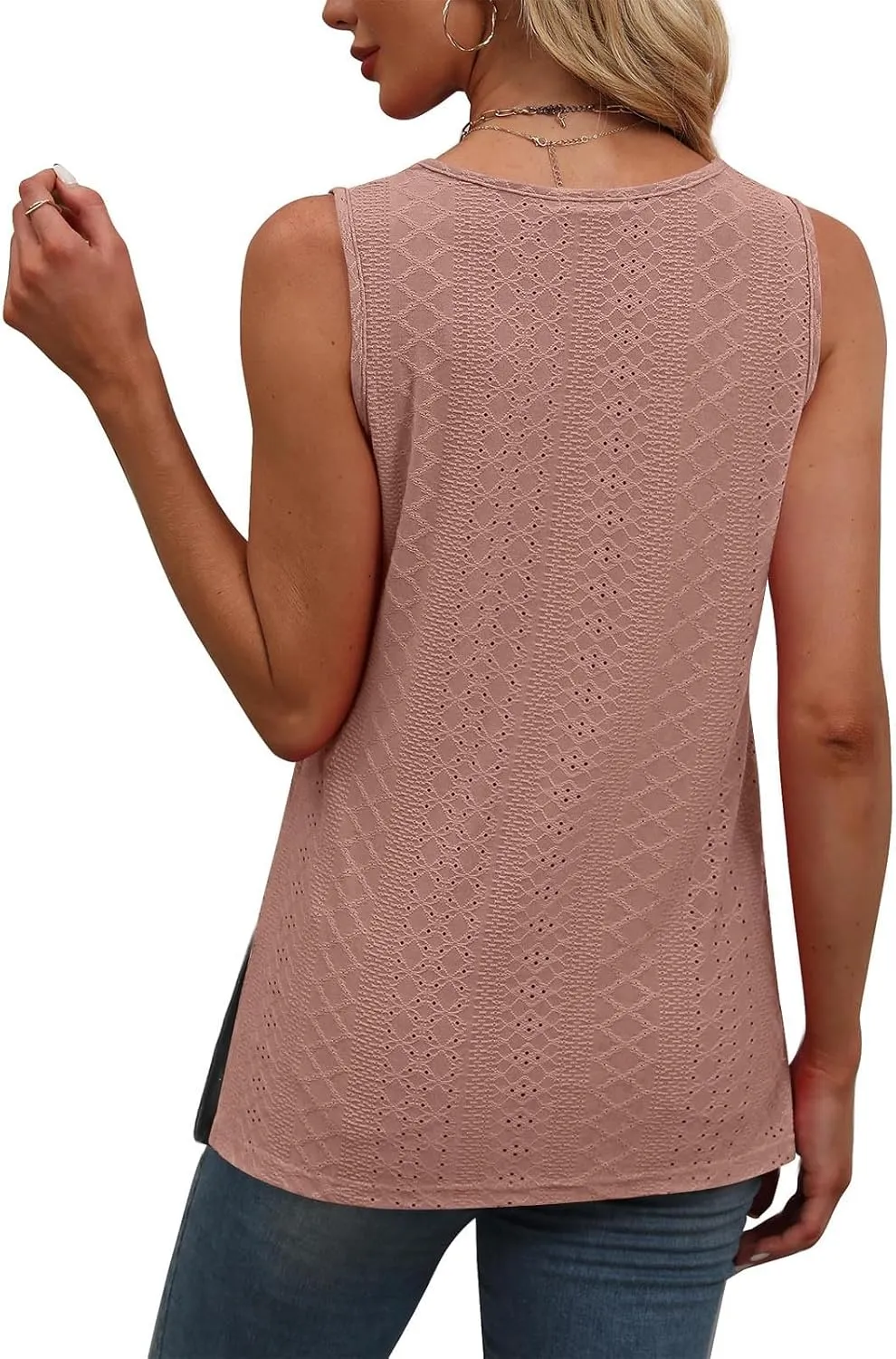 Women's Summer Eyelet Tank Tops 2025 Trendy Sleeveless Hollow Out Shirt Casual Basic Side Slit Beach Vacation Blouse