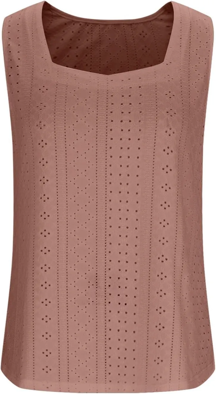 Women's Summer Eyelet Tank Tops 2025 Trendy Sleeveless Hollow Out Shirt Casual Basic Side Slit Beach Vacation Blouse