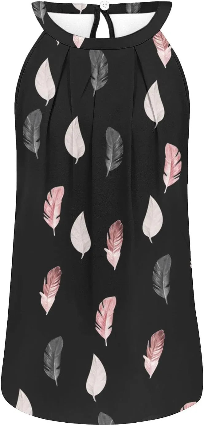 Womens Summer Halter Neck Printed Tank Tops Fashion Round Neck Pullover Blouse Casual Round Neck Strap Tee Tops