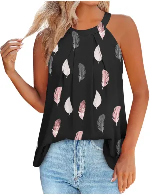 Womens Summer Halter Neck Printed Tank Tops Fashion Round Neck Pullover Blouse Casual Round Neck Strap Tee Tops