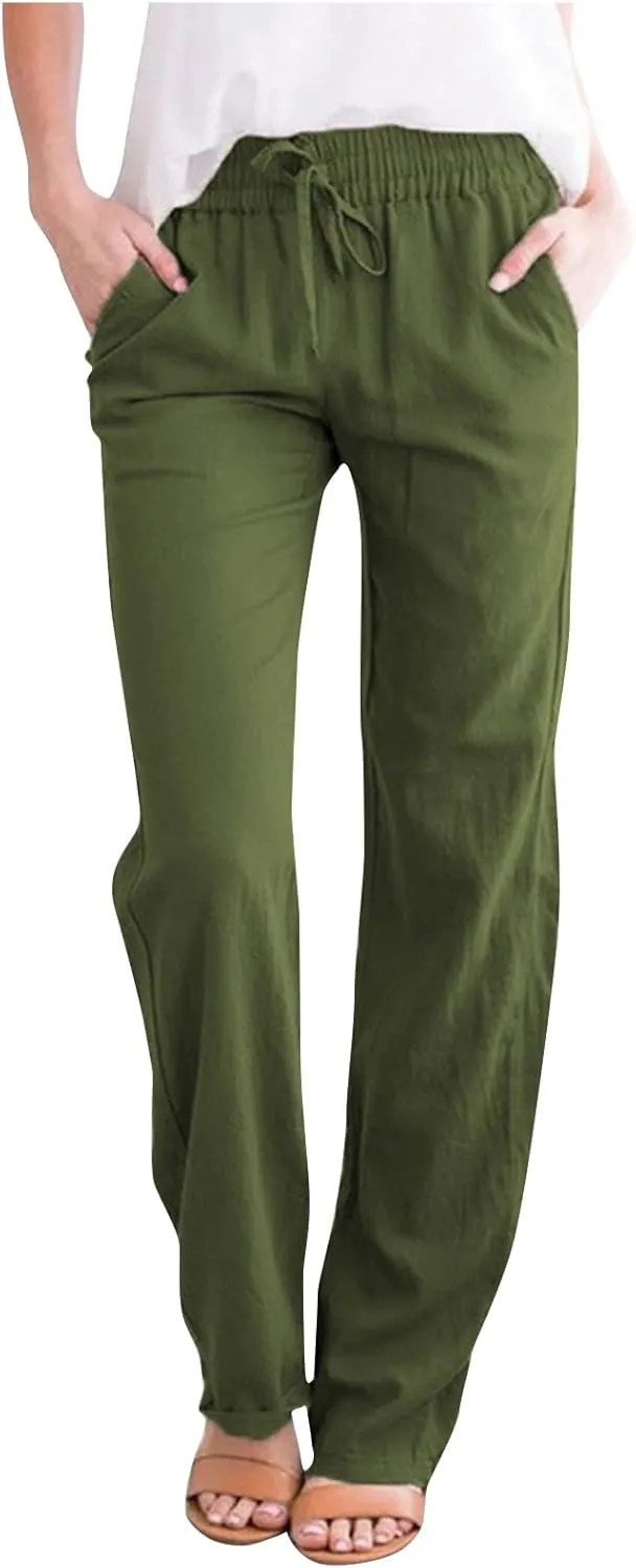 Womens Summer Linen Pants Linen Gauze Wide Leg Pants Straight Leg Business Casual Pants Beach Themed Lounge Pants