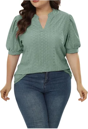 Womens Summer Notch V Neck T Shirts Puff Short Sleeve Eyelet Tops Loose Fit Dressy Casual Tunic Blouses Plus Szie