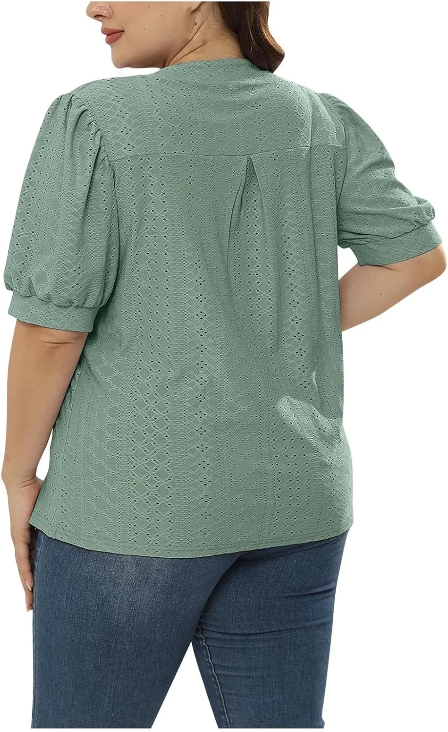 Womens Summer Notch V Neck T Shirts Puff Short Sleeve Eyelet Tops Loose Fit Dressy Casual Tunic Blouses Plus Szie
