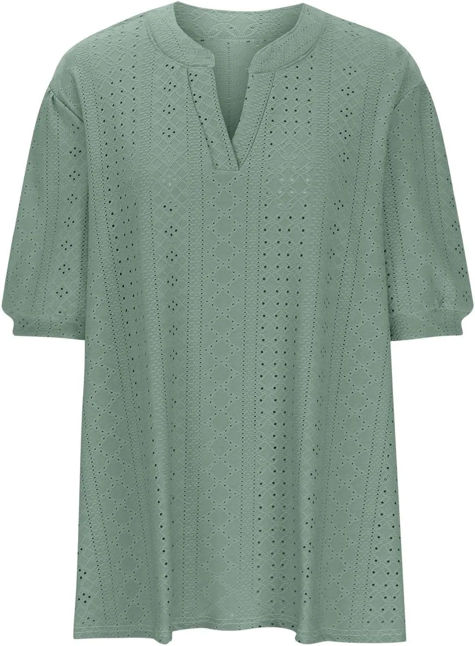 Womens Summer Notch V Neck T Shirts Puff Short Sleeve Eyelet Tops Loose Fit Dressy Casual Tunic Blouses Plus Szie