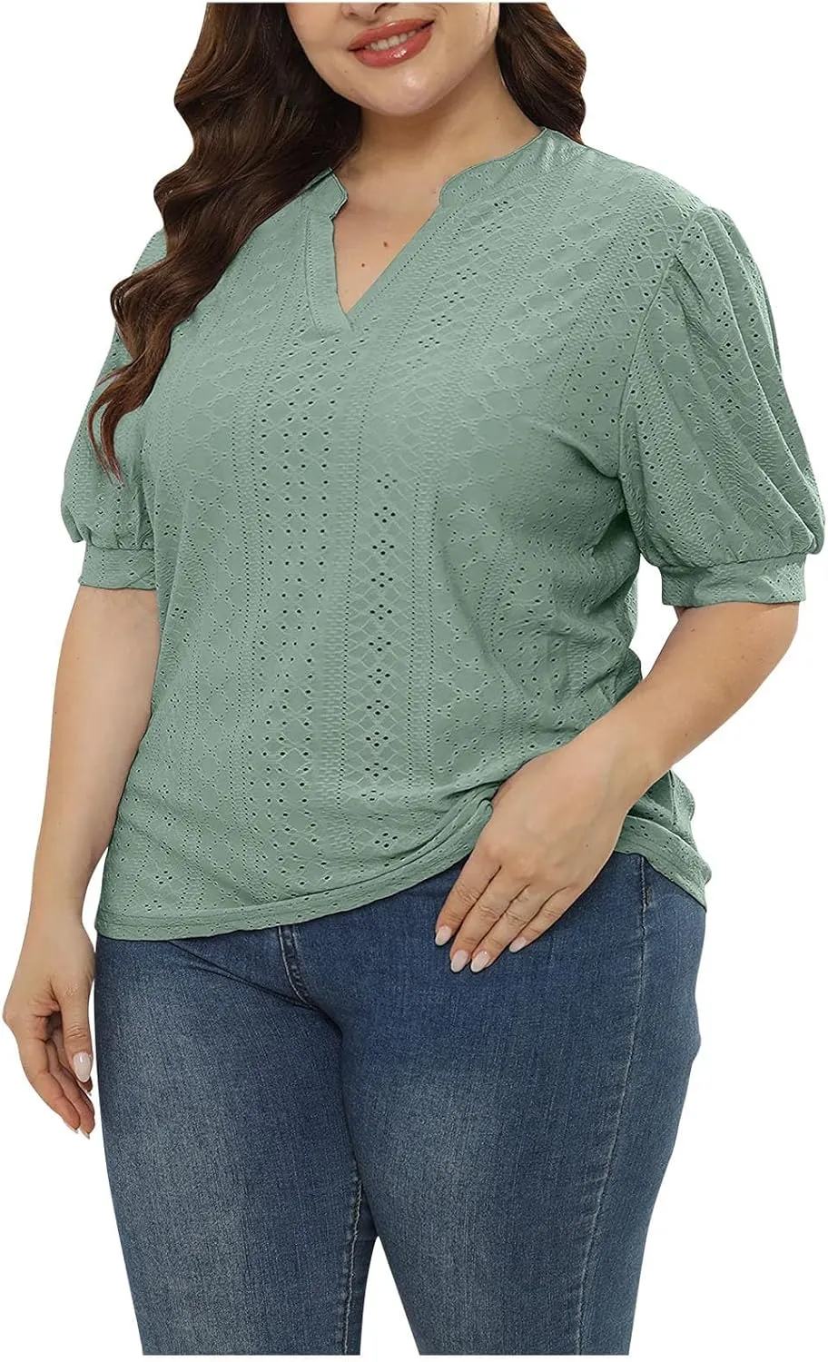 Womens Summer Notch V Neck T Shirts Puff Short Sleeve Eyelet Tops Loose Fit Dressy Casual Tunic Blouses Plus Szie