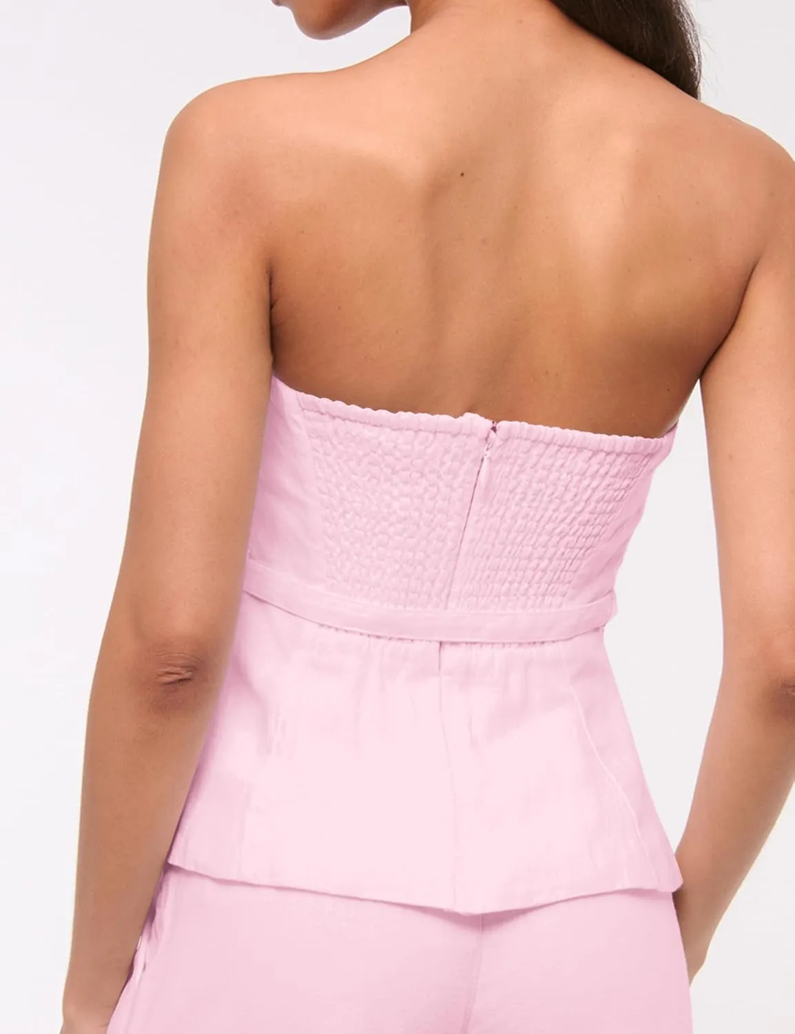 Women's Summer Strapless Linen Tube Tops Backless Zipper Ruffle Flared Hem Belted Peplum Bandeau Tops Beach Vacation