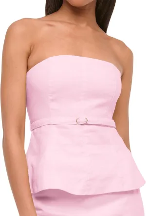 Women's Summer Strapless Linen Tube Tops Backless Zipper Ruffle Flared Hem Belted Peplum Bandeau Tops Beach Vacation