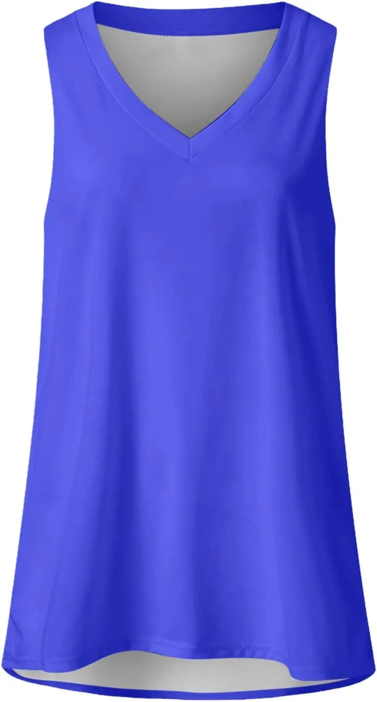 Womens Summer Tank Tops V Neck Sleeveless T Shirts Loose Fit Flowy Tshirt Plus Size Solid Casual Basic Tee Blouses