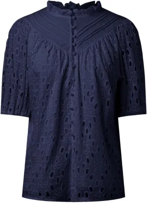 Women's Summer Tops 2025 Dressy Casual Lantern Short Sleeve V Neck Buttons Hollow Out Lace Embroidered Blouses Shirts Navy