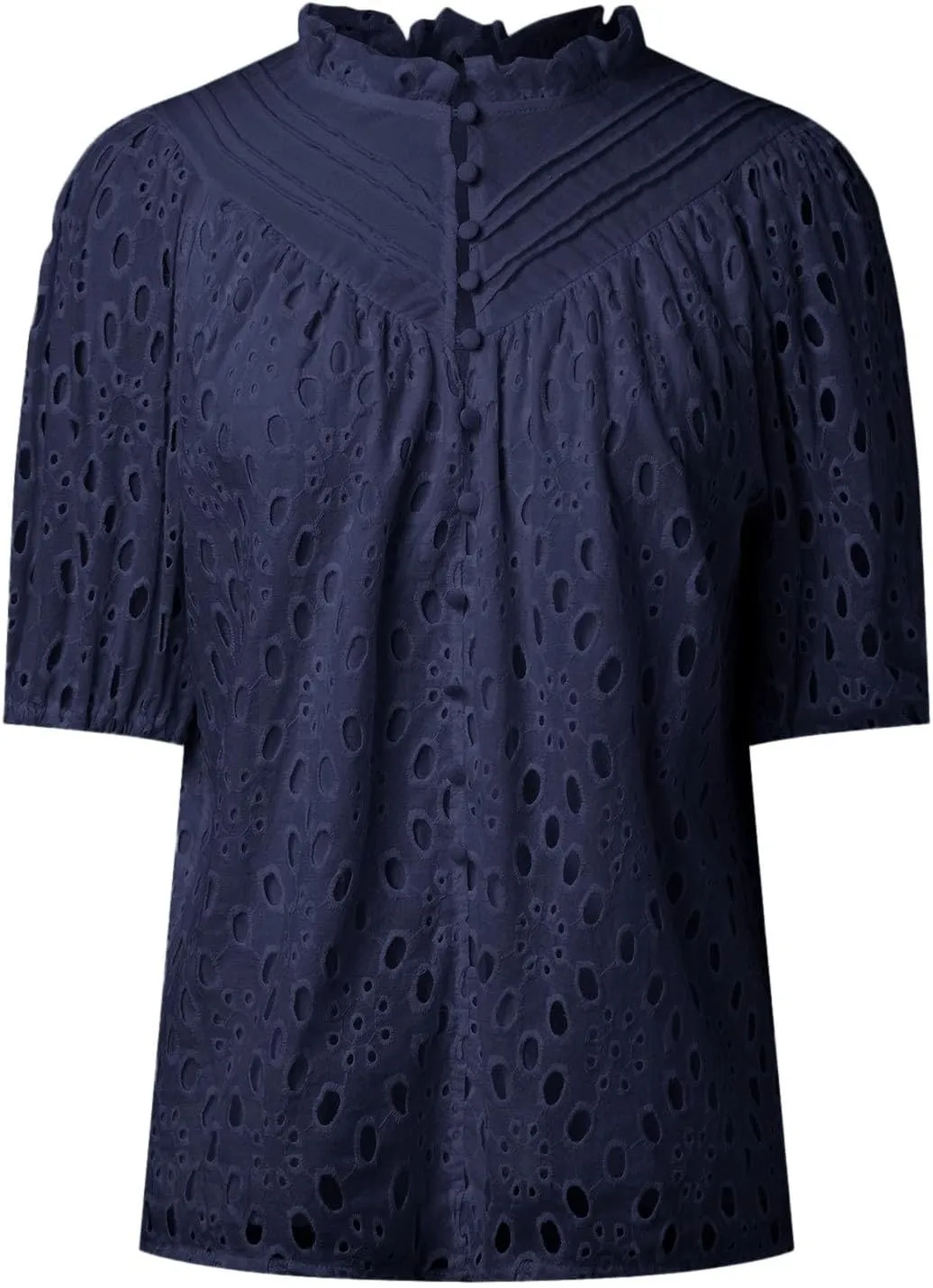 Women's Summer Tops 2025 Dressy Casual Lantern Short Sleeve V Neck Buttons Hollow Out Lace Embroidered Blouses Shirts Navy