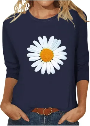 Womens Summer Tops Fashion Daisy Print Daily Shirts 3/4 Sleeve Casual Crew Neck T Shirt Dressy Tunic Blouses