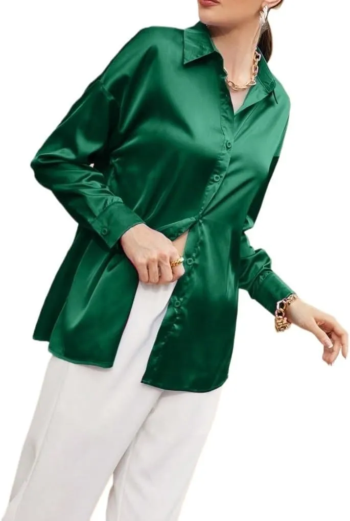 Womens Summer Work Blouse Solid Button Front Drop Shoulder Shirt Long Sleeve Tops Tops