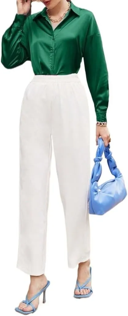 Womens Summer Work Blouse Solid Button Front Drop Shoulder Shirt Long Sleeve Tops Tops