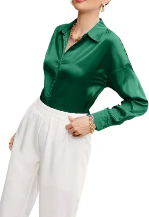Womens Summer Work Blouse Solid Button Front Drop Shoulder Shirt Long Sleeve Tops Tops