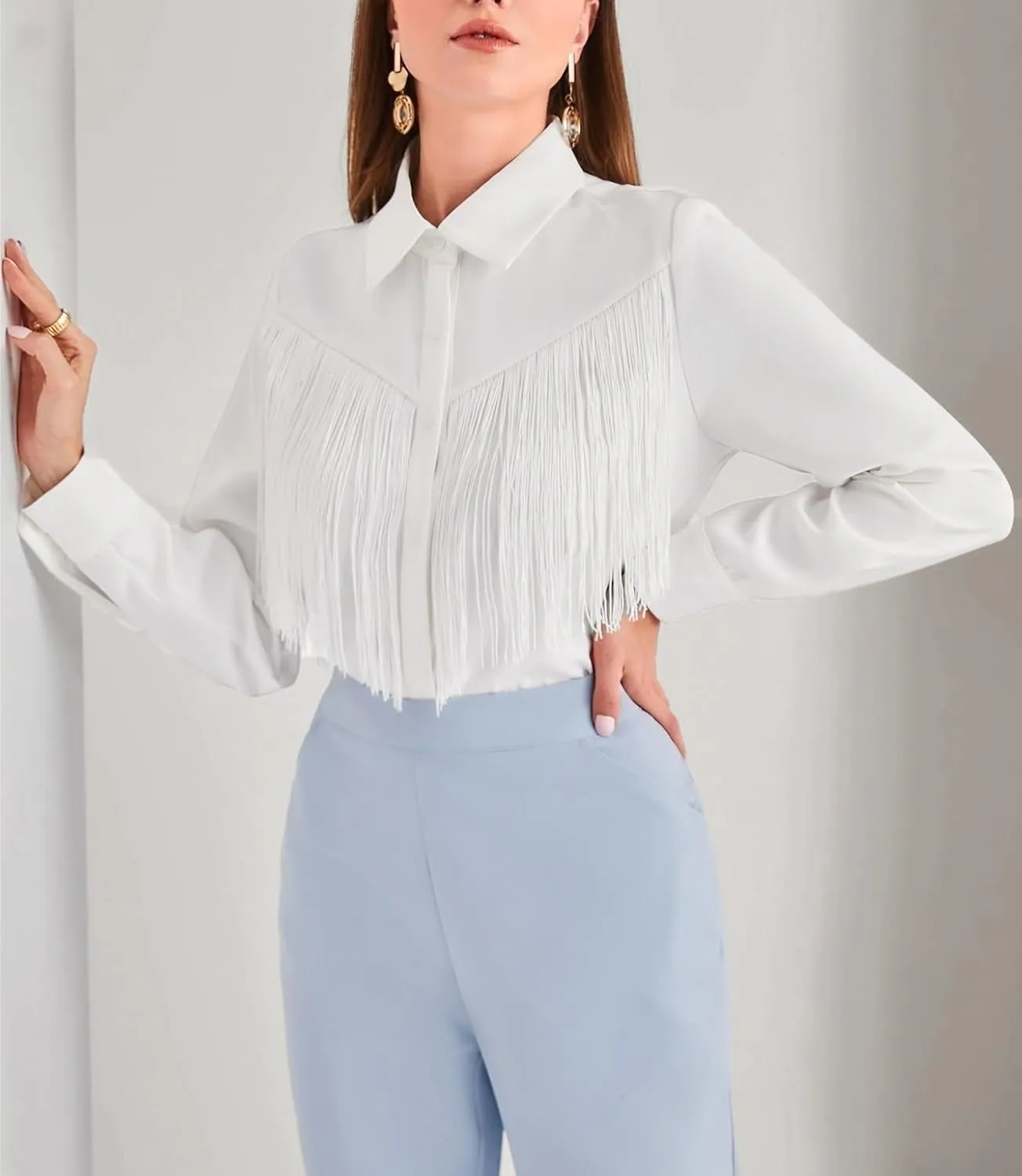 Womens Summer Work Blouse Solid Button Front Trim Shirt Long Sleeve Tops Tops