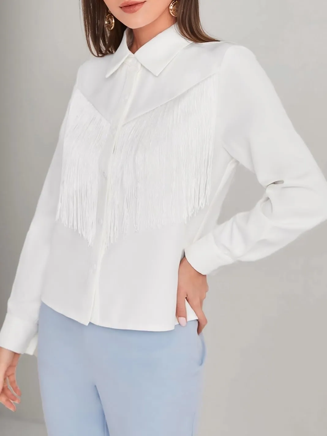 Womens Summer Work Blouse Solid Button Front Trim Shirt Long Sleeve Tops Tops