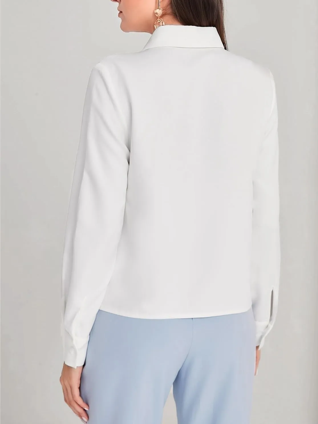 Womens Summer Work Blouse Solid Button Front Trim Shirt Long Sleeve Tops Tops