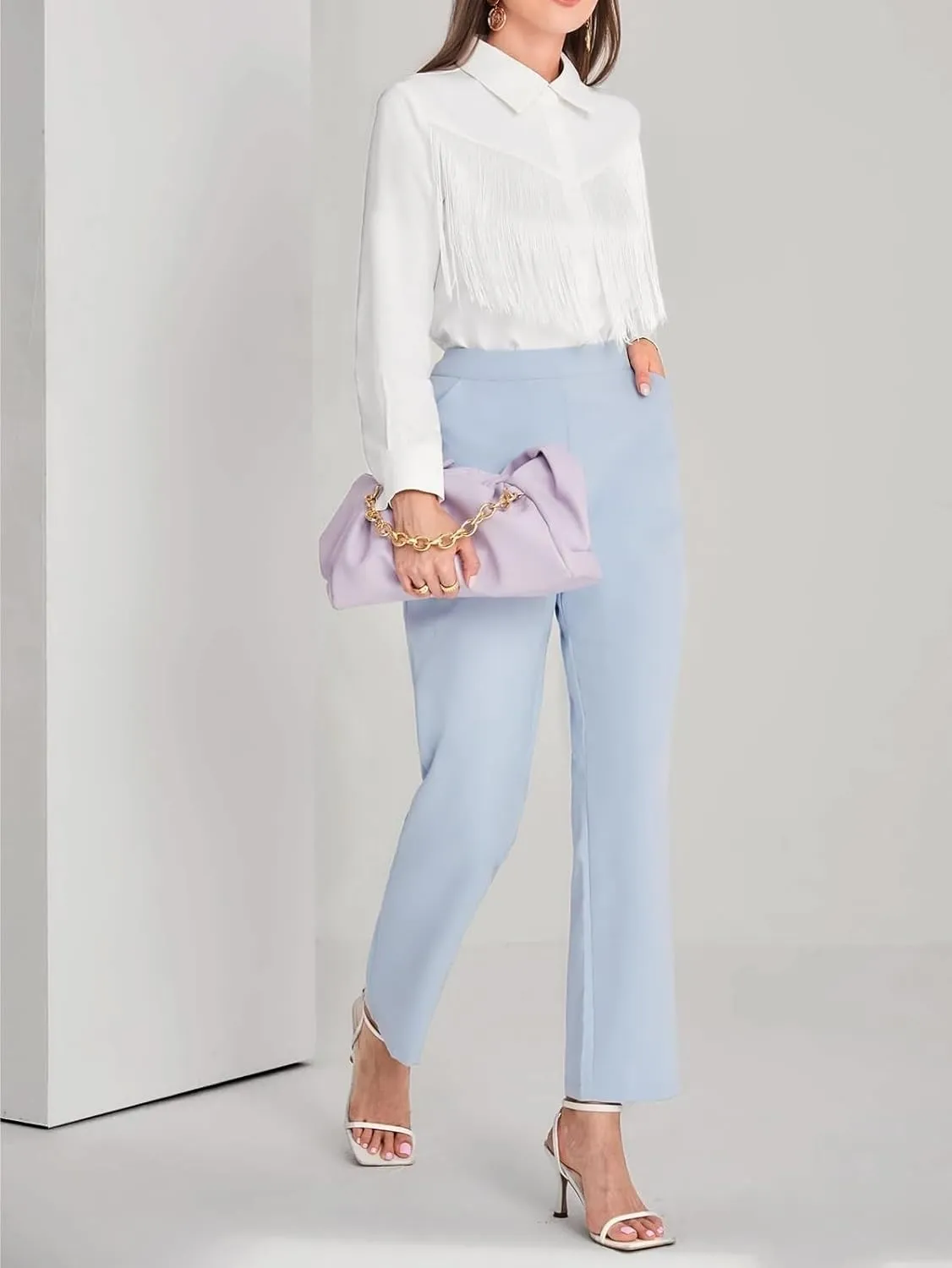 Womens Summer Work Blouse Solid Button Front Trim Shirt Long Sleeve Tops Tops