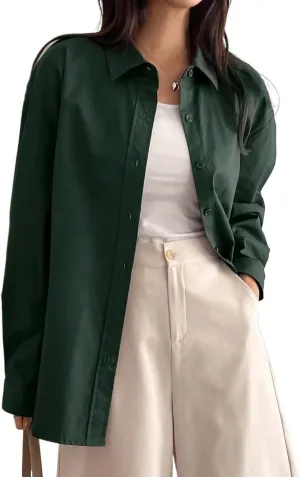 Womens Summer Work Blouse Solid Drop Shoulder Button Front Shirt Long Sleeve Tops Tops