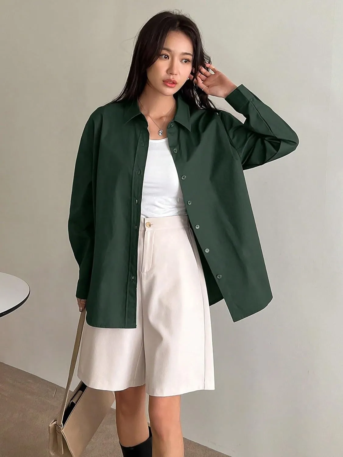 Womens Summer Work Blouse Solid Drop Shoulder Button Front Shirt Long Sleeve Tops Tops