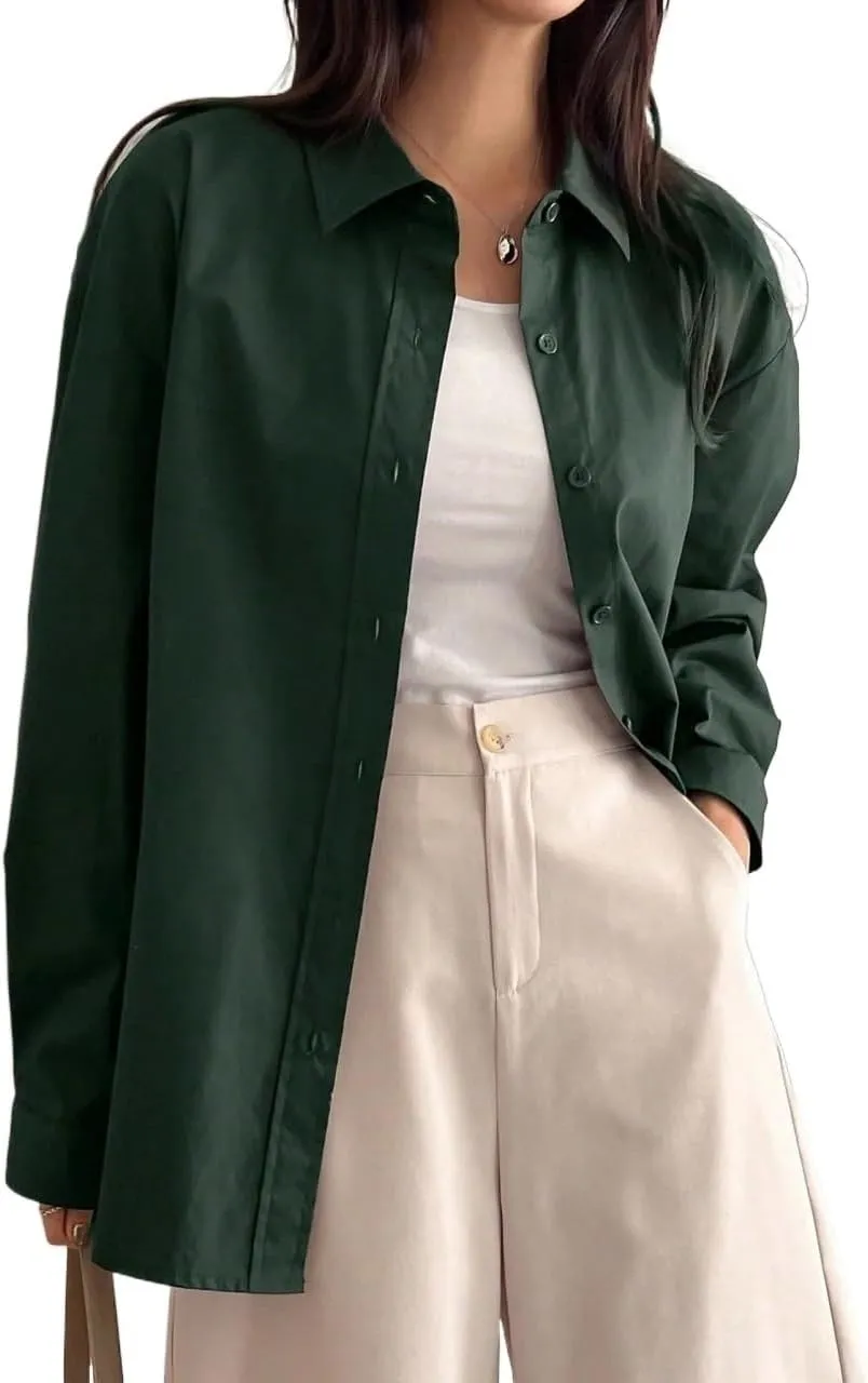 Womens Summer Work Blouse Solid Drop Shoulder Button Front Shirt Long Sleeve Tops Tops