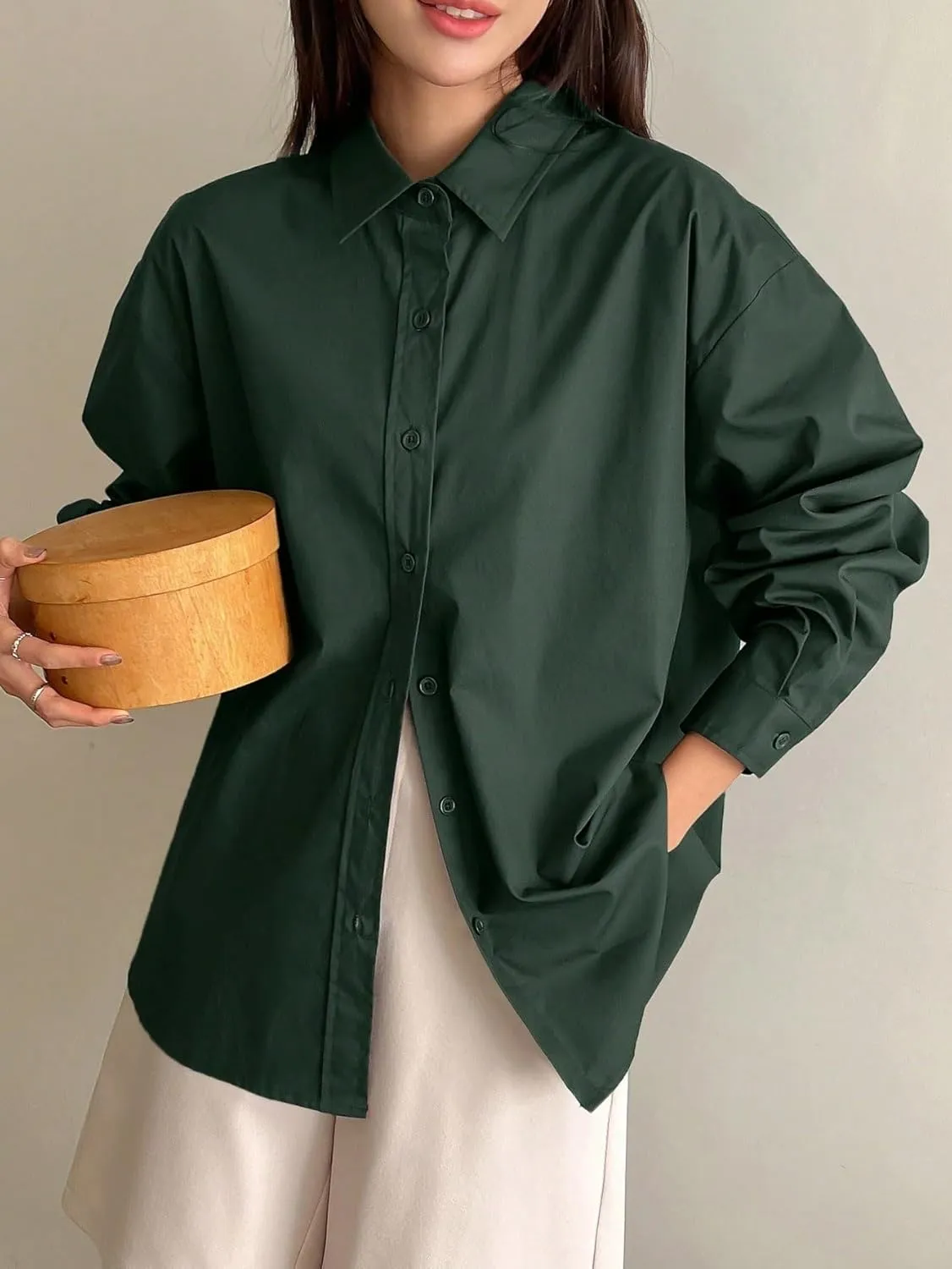 Womens Summer Work Blouse Solid Drop Shoulder Button Front Shirt Long Sleeve Tops Tops