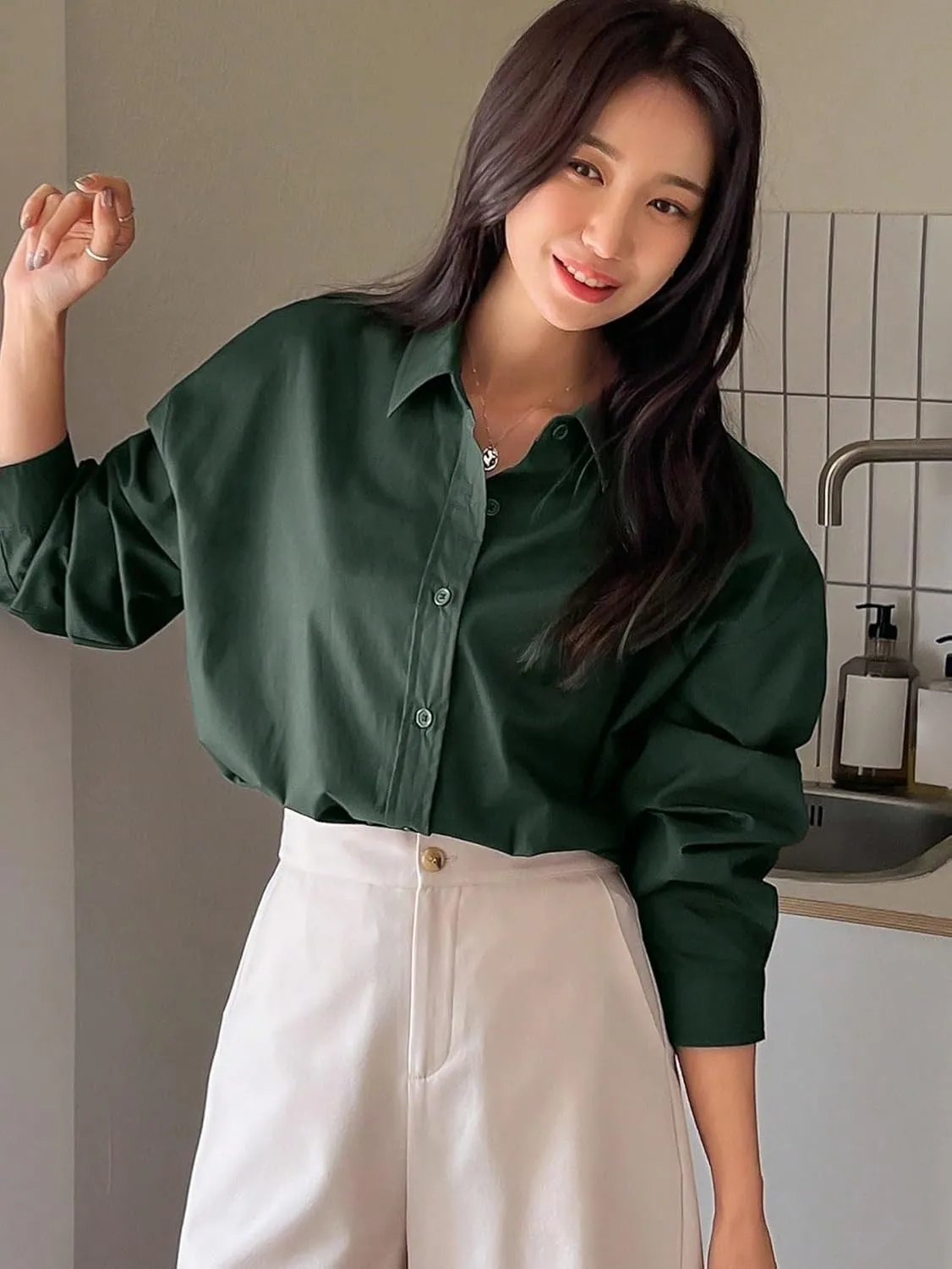 Womens Summer Work Blouse Solid Drop Shoulder Button Front Shirt Long Sleeve Tops Tops