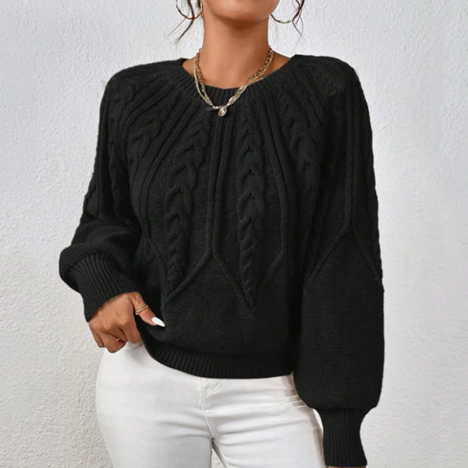 Womens Sweaters Solid Knit Cable Sweater Cable Knit Chunky Pullover Jumper Soft Comfy Crewneck Cropped Tops