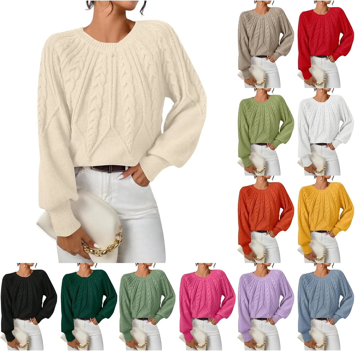 Womens Sweaters Solid Knit Cable Sweater Cable Knit Chunky Pullover Jumper Soft Comfy Crewneck Cropped Tops
